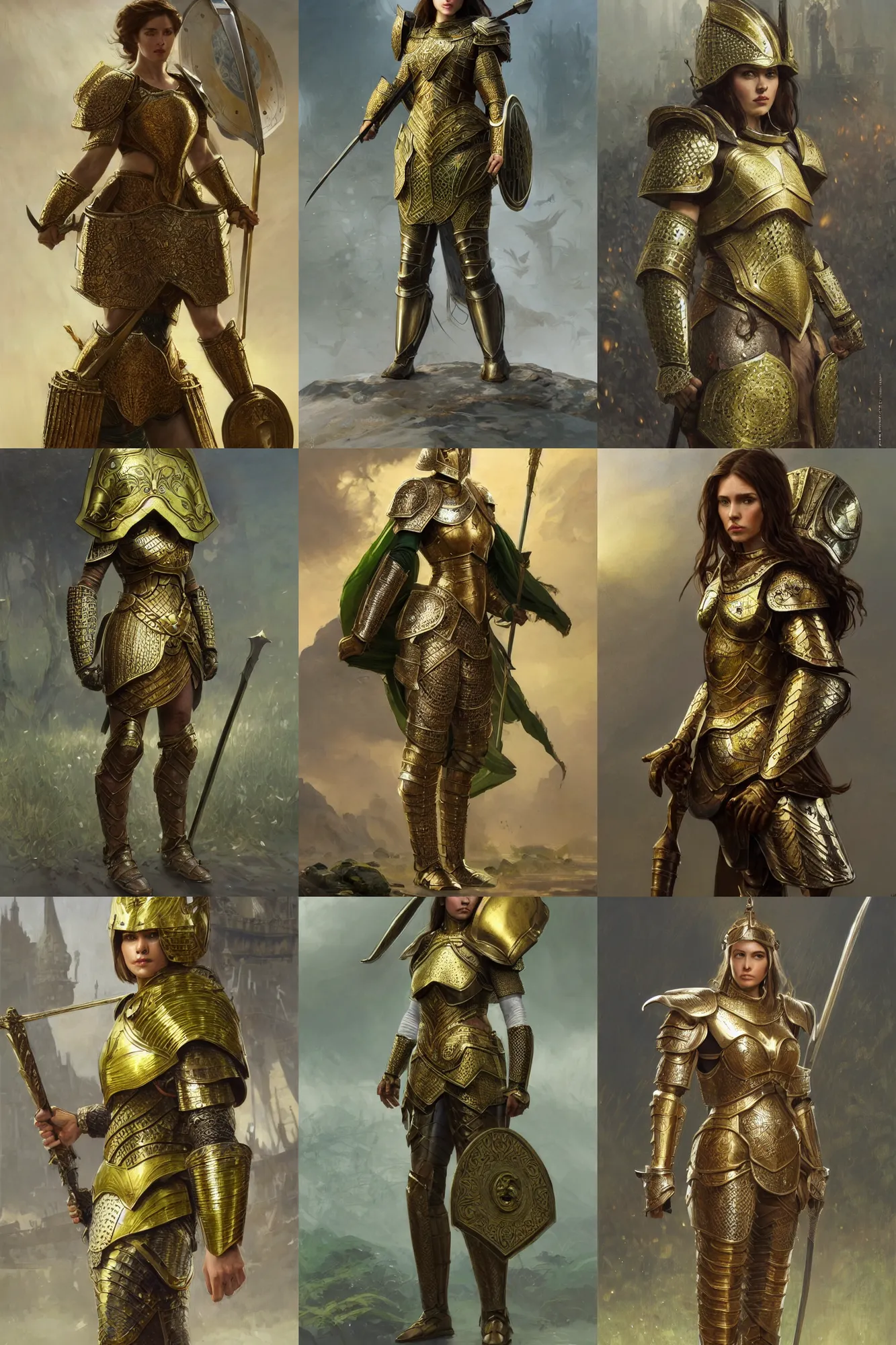 Prompt: full body portrait of a female warrior medium length brown hair and a very highly detailed face wearing elegant golden plate mail armor intricately painted with green and white accents, holding a rectangular tower shield, very highly detailed, artstation, cgsociety, realistic character concept art, sharp focus, by greg rutkowski, wlop, and alphonse mucha