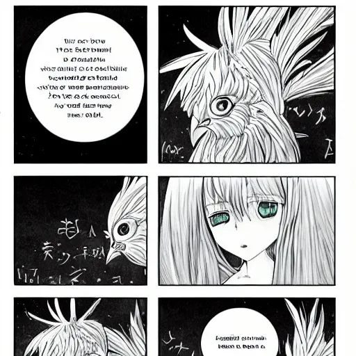 Image similar to a manga page showing ap story involving the thoughts of a cute young lady thinking of a painted Easter egg imagining becoming a chicken imagined by a iridescent rooster imagined by a cat laying half asleep on the windowsill as a mentally ill geek girl reads the cat's thoughts of the iridescent rooster imagining a beautiful painted Easter egg imagining turning into a chicken. cool manga art. 16K. epically surreally epic image. 20 GPU hours spent rendering amazing detail. vivid clarity. ultra shadowing. mind-blowing quality.