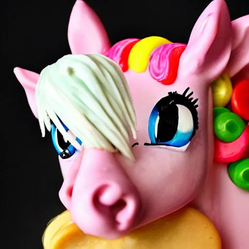 Image similar to a pony made out of candy and sweet and deserts, very detailed, very smooth, very realistic, pov,