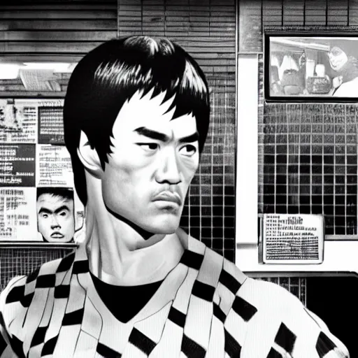 Image similar to 8 k realistic portrait photograph of bruce lee standing inside of a detailed and busy wafflehouse