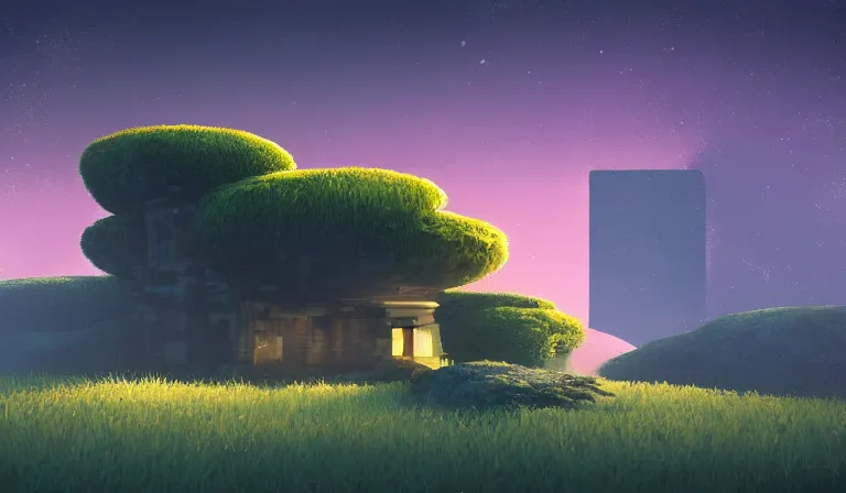 Prompt: a serene landscape with a singular building in the style of neil blevins.