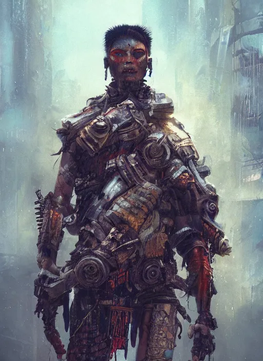 Image similar to hyper realistic photography portrait of postapocalyptic cyberpunk asian cyborg tribal aztec warrior amazon cinematic, vallejo, craig mullins greg rutkowski, artstation, cgsociety