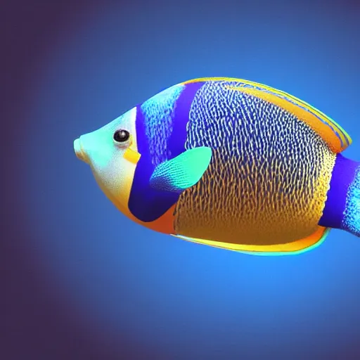 Image similar to 3D render of a cute tropical fish in an aquarium on a dark blue background, digital art