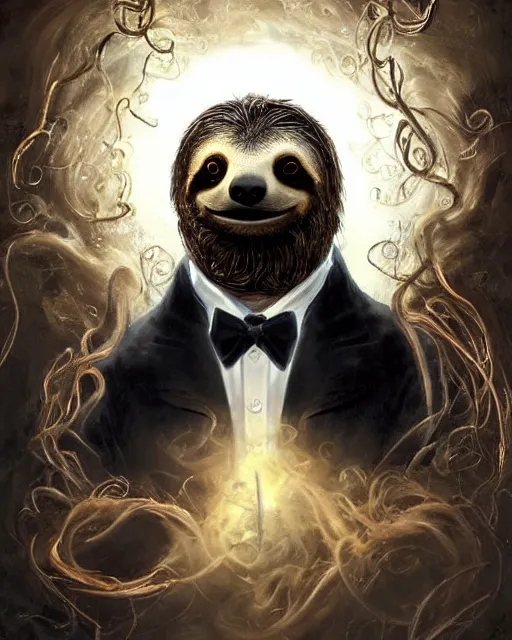 Image similar to a highly detailed portrait of a sloth wearing a black tuxedo as a devious magician radiating a powerful energy aura, wispy tendrils of smoke, swirling vortex of energy, performance art, intricate, digital painting, old english, raining, sepia, particles floating, whimsical background by marc simonetti, art by artgerm and greg rutkowski and alphonse mucha