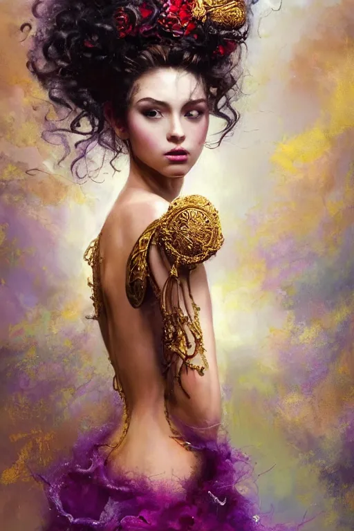 Prompt: an epic painting of a 19 years old girl figure, curly messy high bun hairstyle, whimsically designed oriental tattoos, subject wearing a gold and ruby high fashion gown, flowing, ornate, beautiful, forbidden beauty, dramatic earth colors, with few vivid purple highlights, by Jeremy Mann and Greg Rutkowski, trending on Artstation, Pixiv, oil on canvas