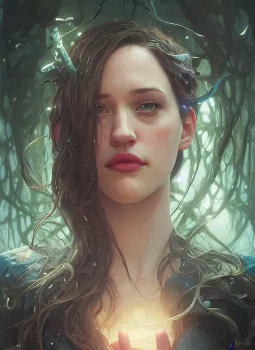Image similar to Hyper realistic detailed portrait of Kat Dennings, Stephen Bliss, unreal engine, fantasy art by Greg Rutkowski, Loish, Rhads, ferdinand knab, Makoto Shinkai and Lois van baarle, ilya kuvshinov, rossdraws, Tom Bagshaw, alphonse mucha, global illumination, radiant light, detailed and intricate environment, highly detailed, award winning art