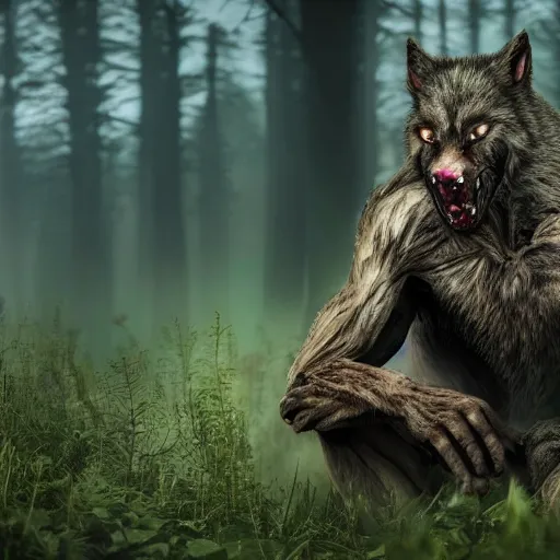 Image similar to man ripping off his skin turning into a werewolf, forest scenery, full moon, illuminated lighting, highly detailed, 4 k