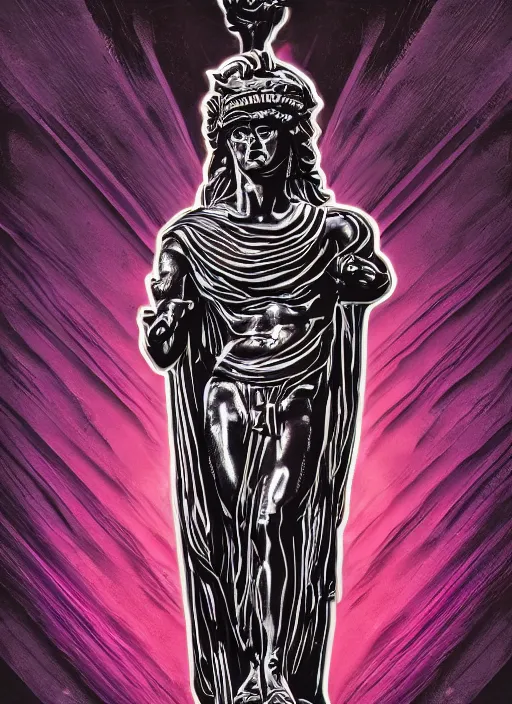 Image similar to elegant dark design poster showing a large greco roman statue of hermes, black background with very subtle red and purple design elements, bold, powerful, nekro, vito acconci, thin straight purple lines, dark, glitch art, neo vaporwave, gritty, layout frame, square, trending on artstation