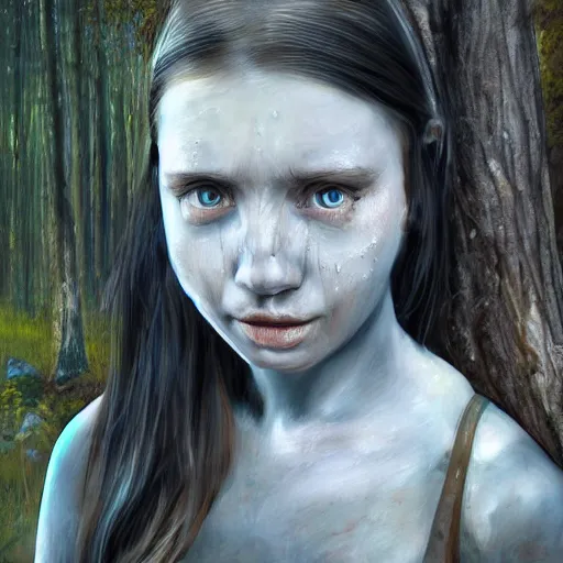 Prompt: a crying girl in the woods, sci - fi, detailed portrait, 3 d