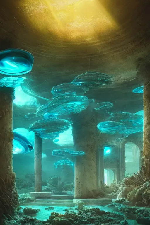 Image similar to hyperrealistic precisionist cinematic underwater dystopian byzantine city ruins with giant bioluminescent multicolor mutant plants and cyborg jellyfish, digital art masterpiece, aykut aydogdu eric zener, very dramatic volumetric light, long shot, ground angle uhd 8 k, deep focus