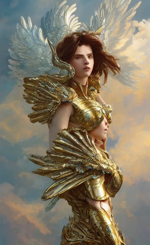 Prompt: A beautiful and fierce angel wearing fancy metallic battle armor and wings among heavenly clouds, intricate, elegant, highly detailed, digital painting, golden hour photography, medium shot, artstation, concept art, smooth, sharp focus, illustration, art by artgerm and Greg Rutkowski and Alphonse Mucha