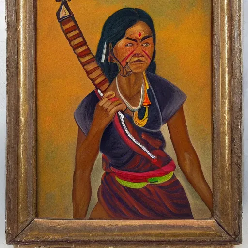 Image similar to a nepali woman carrying a sword, fierce, oil painting
