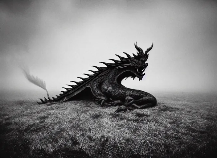 Image similar to dragon by Andrei Tarkovsky style, mist, lomography photo effect, monochrome, noise grain film