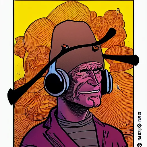 Prompt: drawn in the style of jean giraud!! moebius!! rackham the red wearing headphones and speaking into big microphone, podcast studio