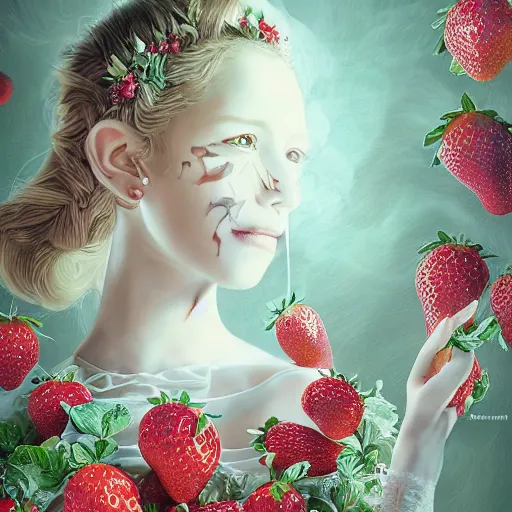 Image similar to the portrait of an absurdly beautiful, graceful, elegant, sophisticated, fashionable little girl made of strawberries and white petals looking down, an ultrafine hyperdetailed illustration by kim jung gi, irakli nadar, intricate linework, bright colors, octopath traveler, final fantasy, unreal engine 5 highly rendered, global illumination, radiant light, detailed and intricate environment