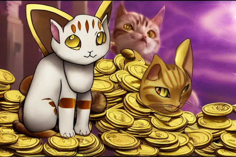 Image similar to meowth, cat pokemon, surrounded by gold coins, photorealism, cinematography