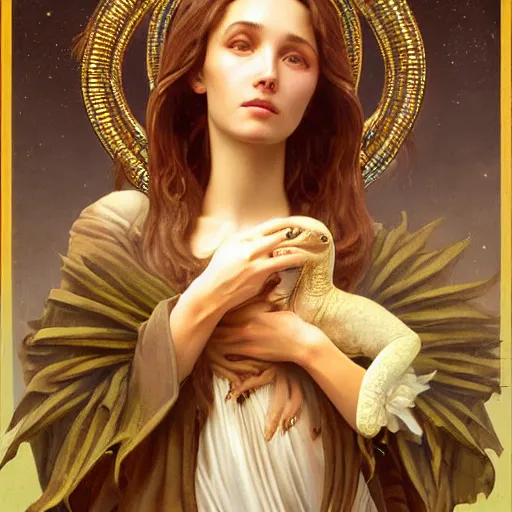 Image similar to surrealist close up illustration of the virgin mary holding a reptile, highly detailed, digital painting, concept art, smooth, sharp focus, illustration, absurd, humorous, photoshop, art by artgerm and greg rutkowski and alphonse mucha