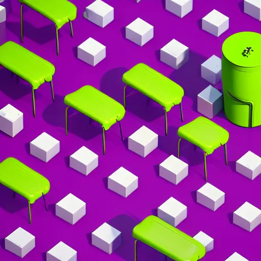 Image similar to isometric minimalistic backroom with pepe the frog and trashcans, cinema 4 d, 1 0 0 0 mm, purple and green scheme depth of field, octane render, studio lighting