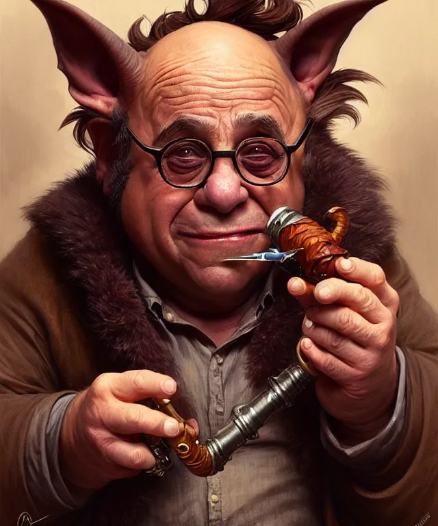 Prompt: danny devito as a fantasy goblin smoking a pipe, portrait, fantasy, intricate, elegant, highly detailed, digital painting, artstation, concept art, smooth, sharp focus, illustration, art by artgerm and greg rutkowski and alphonse mucha