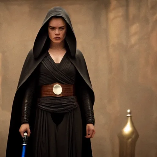 Image similar to movie still of daisy ridley as sith empress wearing a black satin robe and metal belt with dark eye makeup, sweaty, detailed eyes, neutral expression, shallow depth of field, photorealistic, cinematic lighting, lovely bokeh, dark moody light, strong rim light, movie quality, star wars