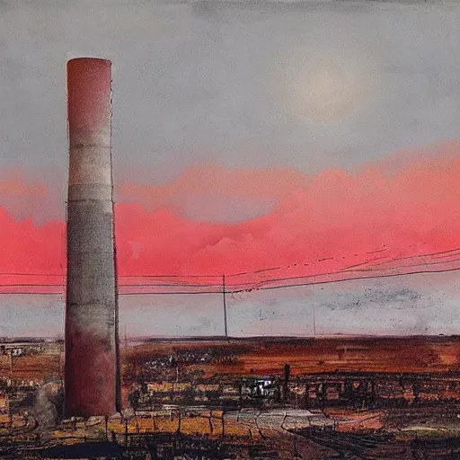 Prompt: “ an anselm kiefer painting of a towering smokestack in a world draped in pink and red and orange fluffy clouds. the smokestack is photorealistic and lit in a gradient from grey to orange, as if lit by a setting sun. viewed from a low angle ”