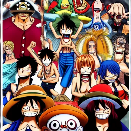 Prompt: all one piece character fighting in a theater