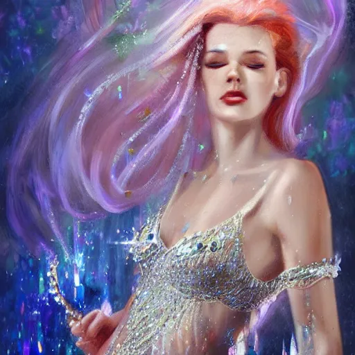 Prompt: Young woman body draped in crystals. Oil painting fantasy magic concept art