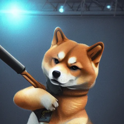 Image similar to shiba inu wearing a police uniform, holding a baseball bat, character design, highly detailed digital art, atmosphere, glow, lens flare, cinematic lightning, hyperrealistic, focused, extreme details, 4 k, ultra detailed, trending on artstation, masterpiece, digital art.