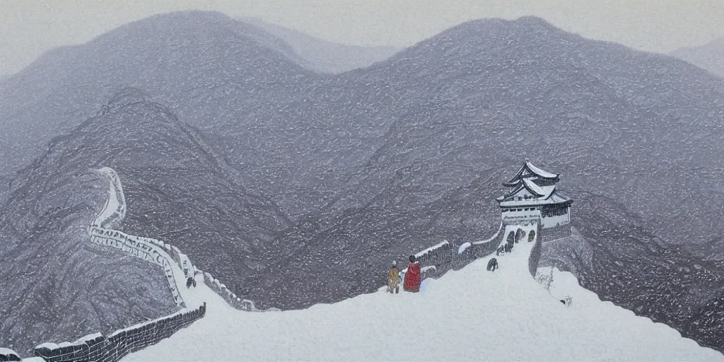 Prompt: The Great Wall, snowy day, Kawase Hasui