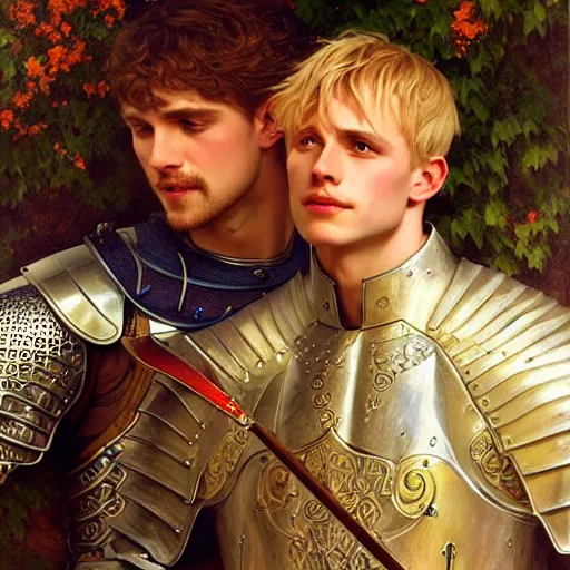 Image similar to attractive arthur pendragon and his favourite attractive male knight, they are in love, camelot, natural lighting, path traced, highly detailed, high quality, digital painting, by gaston bussiere and ross tran and j. c. leyendecker and alphonse mucha