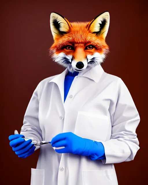 Image similar to photorealistic photo of anthropomorphic female fox animal dressed in labcoat, surgical mask covering mouth, putting on surgical gloves, fox animal, hospital in background, oil painting, 8 5 mm f / 1. 4