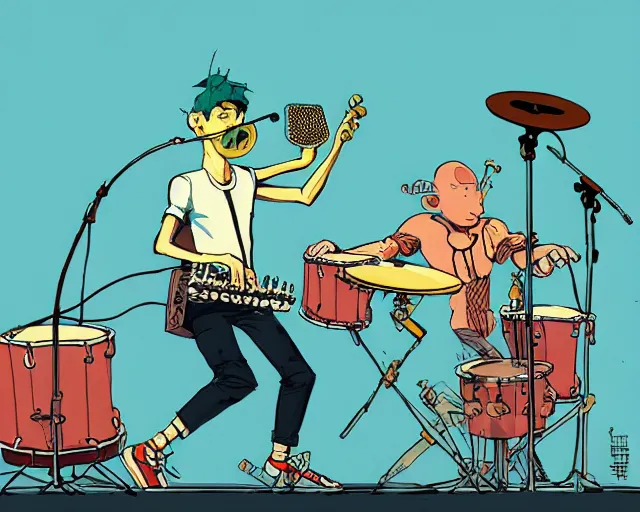 Image similar to a study of cell shaded cartoon of a two man band playing a microKorg synthesizer and drums, subtle colors, post grunge, concept art by josan gonzales and wlop, by james jean, Victo ngai, David Rubín, Mike Mignola, Laurie Greasley, highly detailed, sharp focus, Trending on Artstation, HQ, deviantart, art by artgem