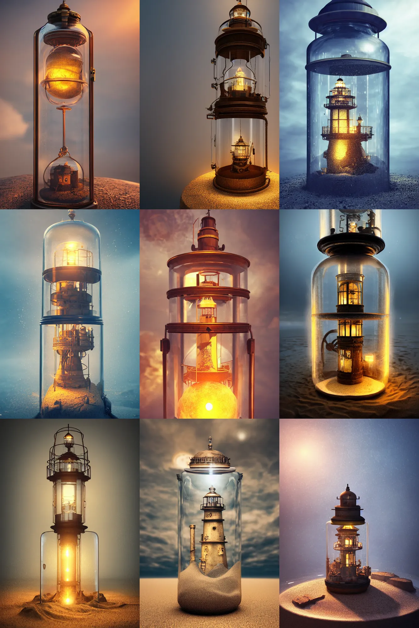 steampunk lighthouse inside a glass jar buried in | Stable Diffusion 