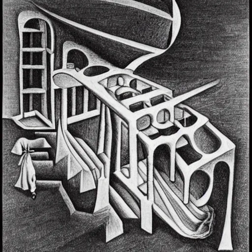 Prompt: M.C. Escher's Relatively drawing done by Salvador Dali