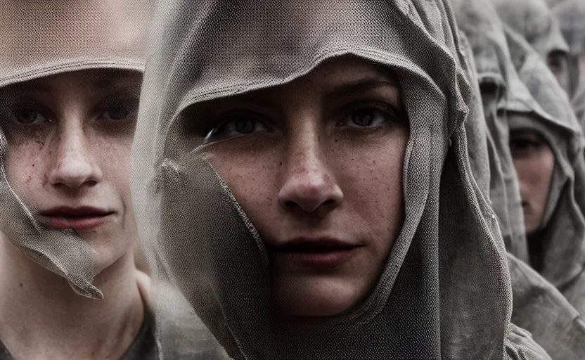 Image similar to cinestill 5 0 d photographic portrait by helen levitt of a group of android women wearing rugged black mesh techwear in a foggy cement maze, extreme closeup, modern cyberpunk, dust storm, 8 k, hd, high resolution, 3 5 mm, f / 3 2, ultra realistic faces, intricate detail, ex machina
