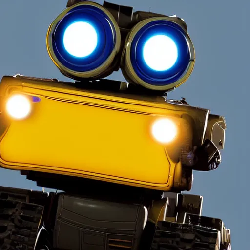 Image similar to wall - e, blue and yellow glowing lights, dark, highly detailed, close up