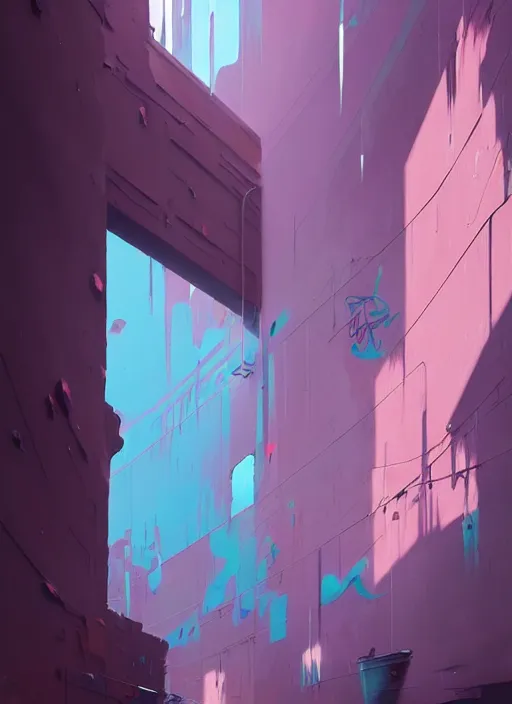 Image similar to matte painting extreme offset 3 d calligraphy graffiti mural dripping paint wall extreme maximalism by atey ghailan, by greg rutkowski, by greg tocchini, by james gilliard, by joe fenton, pink, brown, black and light blue color scheme, octane render