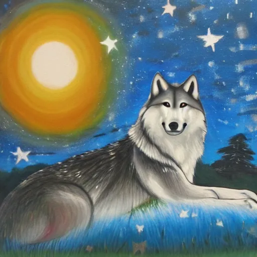 Image similar to wolf okami resting under a sky full of stars, by a deep!! river, calm, acrylic on canvas