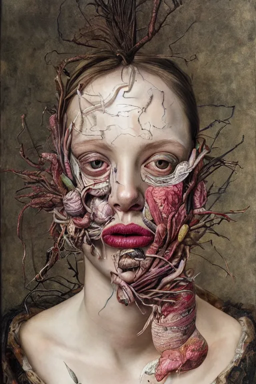 Image similar to Detailed maximalist portrait with large lips and eyes, scared expression, botanical anatomy, HD mixed media, 3D collage, highly detailed and intricate, surreal, in the style of Jenny Saville, dark art, baroque, centred in image, rendered in octane