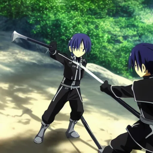 Prompt: Kirito in a sword fight with Trunks, screenshot from Sword Art Online