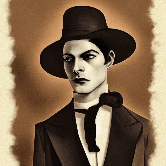 Image similar to photorealistic sepia full - head portrait of a 1 9 2 0 s era smirking male occultist, well dressed, long - tailed tuxedo coat, atmospheric lighting, dark, brooding, gothic, horror, painted, intricate, ultra detailed, well composed, best on artstation, cgsociety, epic, stunning, gorgeous, intricate detail, much wow, masterpiece