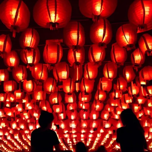 Image similar to night club, five red chinese lanterns, people's silhouettes close up, wearing white t - shirts that glow in the dark, minimalism, dark