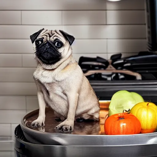 Image similar to An adorable pug sitting in a pot of water atop a stove, high resolution photograph