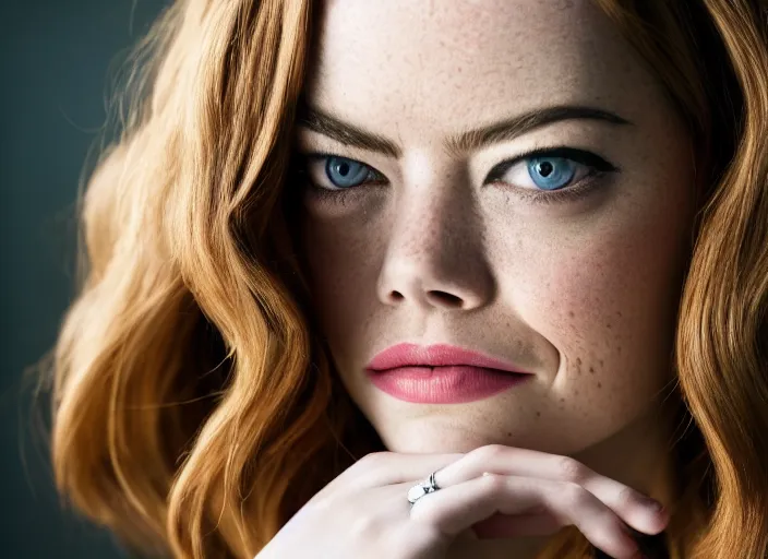 Prompt: emma stone portrait cine still wide lens 4 0 mm dramatic lightening