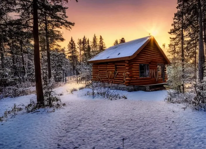 Prompt: a cabin in a forest by a lake with a snowy sunset, realistic, canon camera