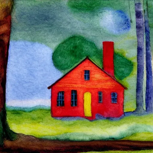 Prompt: small wooden house in the middle of spring forest, bright colours, watercolor, volumetric wool felting, macro photography, children illustration, by edward hopper