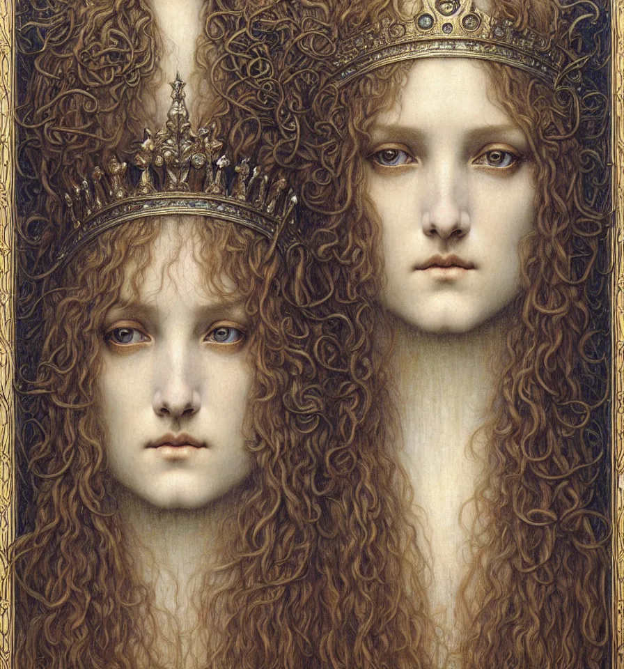 Image similar to detailed realistic beautiful young medieval queen face portrait by jean delville, gustave dore and marco mazzoni, art nouveau, symbolist, visionary, gothic, pre - raphaelite. horizontal symmetry