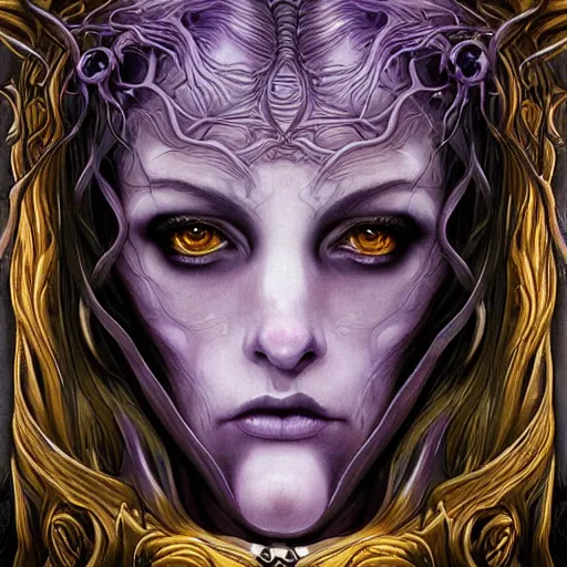 Image similar to Elden Ring themed painting of majestic chromatic purple-eyed girl with thin purple tentacles on her head beautiful ethereal angel symmetrical neutral black metal closeup face tattoo pattern golden ratio concept, Neo-Gothic concept, infinity glyph waves, intricate artwork masterpiece, very coherent artwork, cinematic, full frontal facial features by Artgerm, art by H.R. Giger, Joseph Michael Linsner, Zdizslaw Beksinski, Johnatan Wayshak, Moebius, Ayami Kojima, very anatomically coherent artwork, trending on cgsociety, ultra high quality model, production quality cinema model, high detail chromatic ink outline, octane render, unreal engine 8k, hyper realism, high detail, octane render, unreal engine, 8k, High contrast