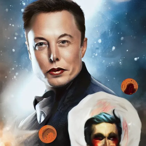 Image similar to elon musk is two face, harvey dent from batman, one face side has dragonskin fantasy sharp focus intricate elegant digital painting