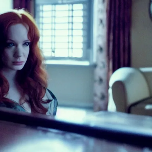 Image similar to amazing beautiful Christina Hendricks with an amazed look on her face in the living room, film still from the movie directed by Denis Villeneuve , wide lens